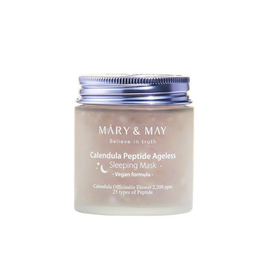 MARY & MAY Calendula Peptide Ageless Sleeping Mask is a nutrient-rich overnight mask designed to rejuvenate and restore the skin while you sleep. Formulated with a blend of soothing Calendula and a potent mix of peptides, this mask promotes skin elasticity and reduces the appearance of fine lines. It features hydrating ingredients like Sodium Hyaluronate and Panthenol, alongside healing extracts from Centella Asiatica, Fig, and Rice Leaf/Stem to nourish and calm the skin. The inclusion of multiple peptides 