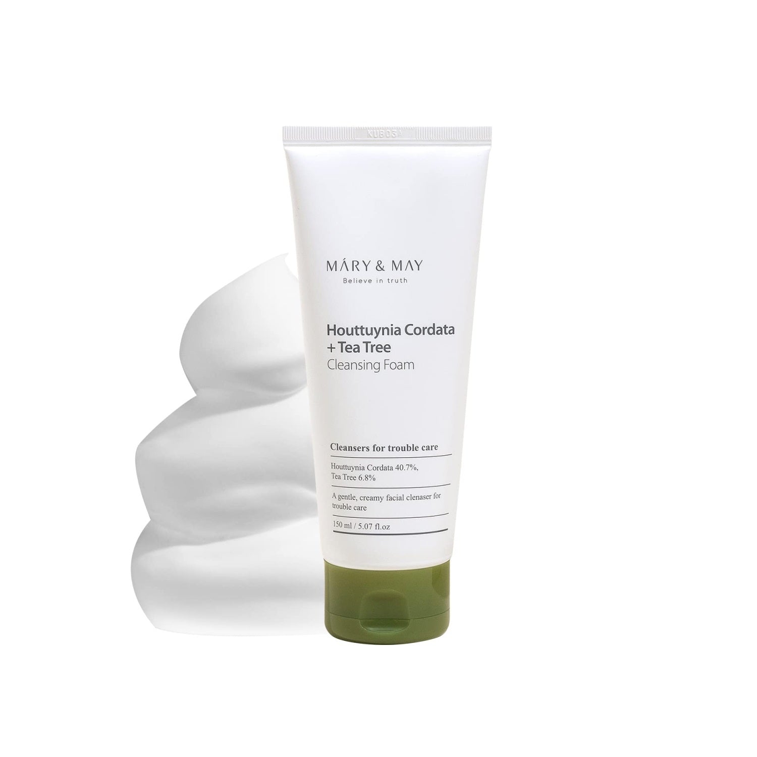 MARY &amp; MAY Houttuynia Cordata + Tea Tree Cleansing Foam is a soothing and purifying cleanser for sensitive and troubled skin. Formulated with 40.7% Houttuynia Cordata Extract and 6.85% Tea Tree Extract, it helps calm irritation and reduce excess oil, while Glycerin and Sodium Hyaluronate provide hydration. The gentle foam effectively cleanses without stripping the skin, leaving it feeling refreshed and balanced. Ideal for acne-prone or oily skin types.