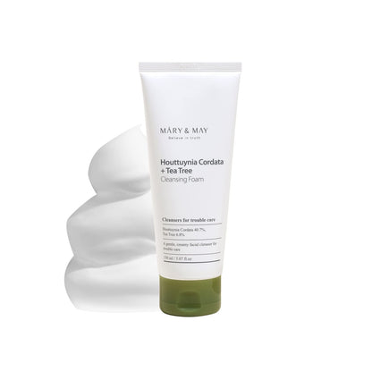 MARY &amp; MAY Houttuynia Cordata + Tea Tree Cleansing Foam is a soothing and purifying cleanser for sensitive and troubled skin. Formulated with 40.7% Houttuynia Cordata Extract and 6.85% Tea Tree Extract, it helps calm irritation and reduce excess oil, while Glycerin and Sodium Hyaluronate provide hydration. The gentle foam effectively cleanses without stripping the skin, leaving it feeling refreshed and balanced. Ideal for acne-prone or oily skin types.