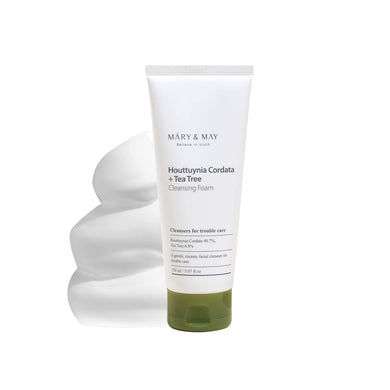 MARY & MAY Houttuynia Cordata + Tea Tree Cleansing Foam is a soothing and purifying cleanser for sensitive and troubled skin. Formulated with 40.7% Houttuynia Cordata Extract and 6.85% Tea Tree Extract, it helps calm irritation and reduce excess oil, while Glycerin and Sodium Hyaluronate provide hydration. The gentle foam effectively cleanses without stripping the skin, leaving it feeling refreshed and balanced. Ideal for acne-prone or oily skin types.