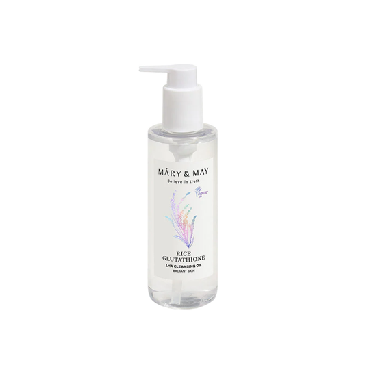 MARY & MAY Rice Glutathione LHA Cleansing Oil is a lightweight yet powerful cleansing oil that gently removes makeup, sunscreen, and impurities without stripping the skin. Infused with Rice Bran Oil and Glutathione, it brightens and refines the complexion while improving skin tone and radiance. The formula includes LHA (Capryloyl Salicylic Acid) to lightly exfoliate pores and smooth texture, while Ginseng Seed Oil and Soybean Oil provide nourishment and antioxidant protection. The silky texture emulsifi