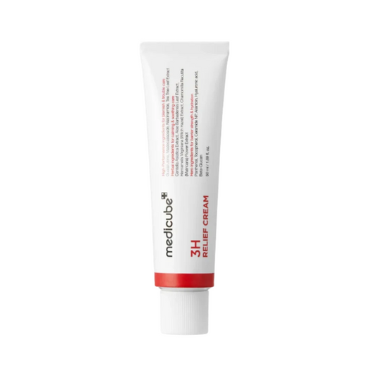 MEDICUBE 3H Relief Cream is a soothing moisturizer designed to calm, hydrate, and restore balance to sensitive and acne-prone skin. Formulated with Oat, Panthenol, Centella Asiatica, Madecassoside, and Beta-Glucan, it helps comfort stressed skin and support a healthy skin barrier. Multiple forms of Hyaluronic Acid, Ceramide NP, and Glycerin provide deep, long-lasting hydration, while Niacinamide helps improve uneven tone and overall skin appearance. The formula provides a refreshing cooling effect and is hy
