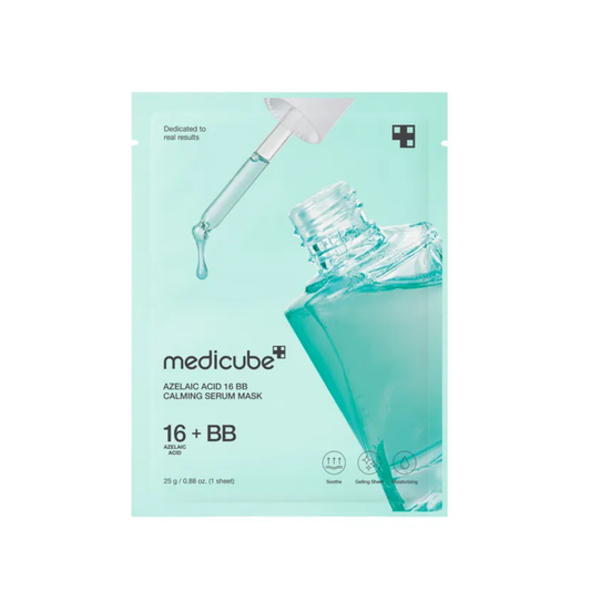 MEDICUBE Azelaic Acid 16 BB Calming Serum Mask is a soothing sheet mask designed to calm irritated skin and improve overall skin clarity. Formulated with Azelaic Acid, Niacinamide, and Panthenol, it helps reduce redness, balance oil, and support a clearer complexion. Ingredients like Allantoin, Aloe, and botanical extracts provide gentle soothing, while Sodium Hyaluronate and Squalane help hydrate and soften the skin. Perfect for calming stressed, sensitive, or acne-prone skin.