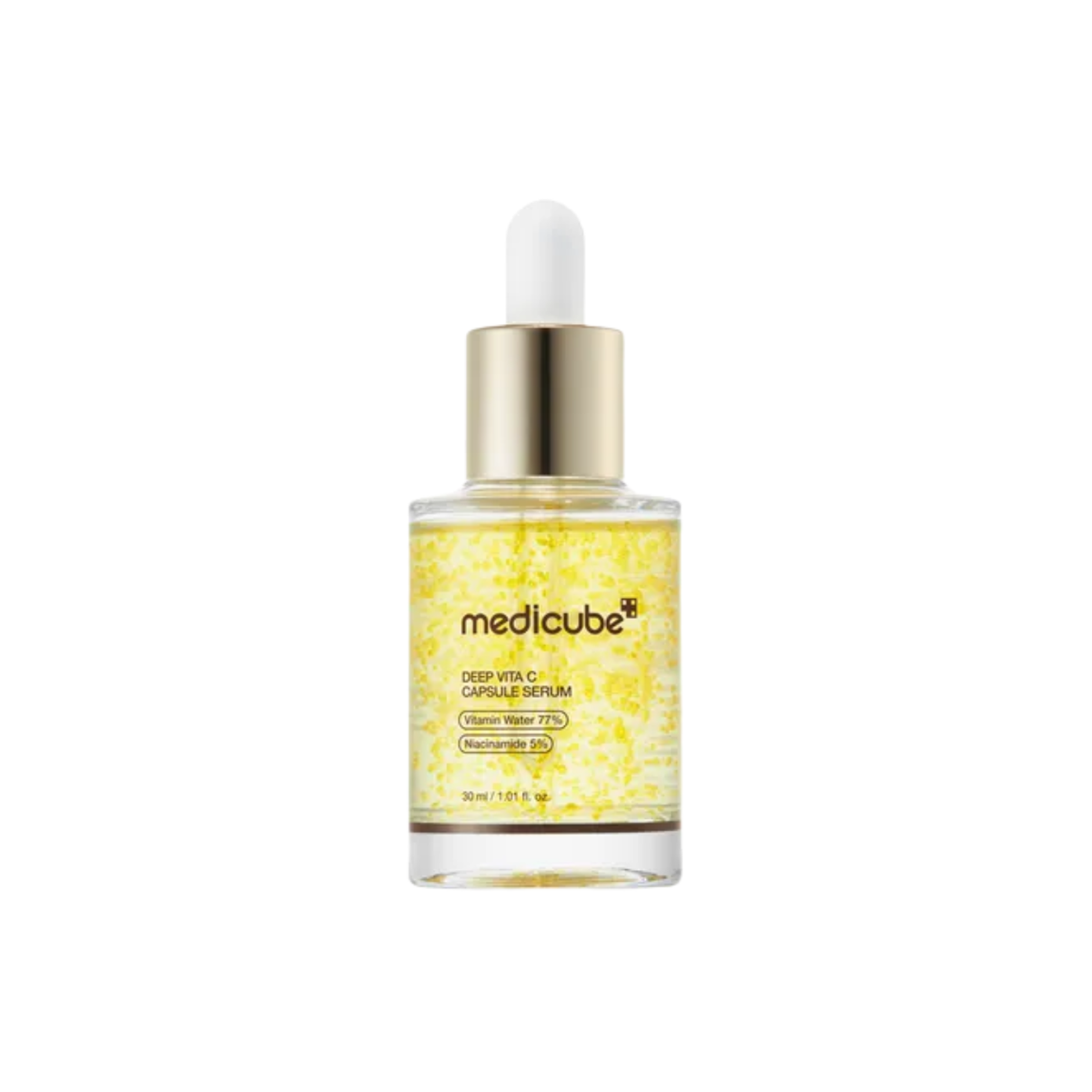 MEDICUBE Deep Vita C Capsule Serum is a brightening serum designed to revive dull-looking skin and enhance radiance. Formulated with 99% high-purity Vitamin C, 5% Niacinamide, 77% Hippophae Rhamnoides Water, Glutathione, Panthenol, Sodium Hyaluronate, and multiple forms of Vitamin C, it helps improve the look of uneven skin tone, boost glow, and keep skin hydrated. The Vitamin C liposome capsules melt quickly into the skin for lightweight, refreshing care. Suitable for dull, uneven, normal, combination, oil