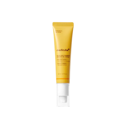 MEDICUBE Kojic Acid Turmeric Vita Eye Gel Serum is a lightweight Korean eye serum designed to brighten, hydrate, and refresh the under-eye area. Formulated with Kojic Acid, Turmeric, Niacinamide, Retinol, Caffeine, Hyaluronic Acid, Panthenol, and Peptides, it helps improve the look of dark circles, uneven tone, puffiness, and fine lines while keeping the skin smooth and moisturized. Best suitable for dull, tired, dry, puffy, uneven, and fine line-concerned under-eyes.