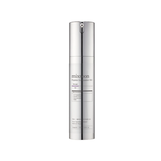 MIXSOON Peptide Cica Hyalshot 150 is a lightweight serum designed to soothe, hydrate, and improve skin firmness. Formulated with Centella Asiatica Complex, Peptides, and PDRN, it helps calm irritation while supporting a stronger, healthier skin barrier. Multiple forms of Hyaluronic Acid deliver deep hydration, while Niacinamide helps brighten and balance the complexion. The advanced Hyaluronic Coating Spirule technology enhances absorption, leaving skin smooth, plump, and refreshed. Suitable for all skin ty