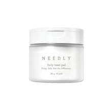 Load image into Gallery viewer, NEEDLY Daily Toner Pad gently exfoliates and hydrates the skin in one easy step. Infused with Centella Asiatica, Tea Tree Leaf Extract, and Salicylic Acid, it helps calm irritation, control excess oil, and refine pores. Each pad is soaked in a soothing essence with Glycerin and Sodium Hyaluronate to leave skin refreshed, smooth, and balanced—perfect for daily use on sensitive or troubled skin.