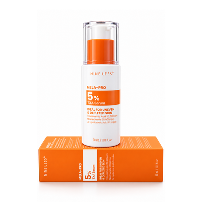 NINELESS MELA-PRO 5% Tranexamic Acid Serum is a brightening serum designed to target dark spots, discoloration, and uneven skin tone. Formulated with 5% Tranexamic Acid, Niacinamide, Vitamin C, and Glutathione, it helps improve skin clarity and promote a brighter, more even-looking complexion. Hyaluronic Acid provides lasting hydration, while Allantoin helps soothe and comfort the skin. The moisturizing formula leaves skin feeling smooth, hydrated, and radiant. Ideal for normal, combination, dry, dull, and 
