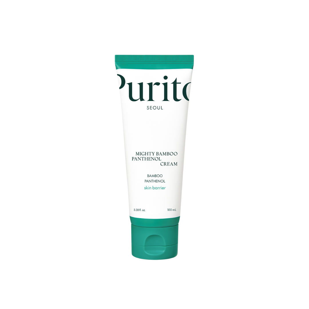 PURITO SEOUL Mighty Bamboo Panthenol Cream is a soothing and hydrating cream packed with 100,000 ppm of Panthenol to deeply nourish and protect the skin. Formulated with Bambusa Vulgaris Extract, Squalane, and Niacinamide, this cream enhances moisture retention while improving skin elasticity and texture. Enriched with Madecassoside, Asiaticoside, Asiatic Acid, and Madecassic Acid, it helps to calm and repair the skin, making it ideal for sensitive or irritated skin. Perfect for daily use, this cream leaves