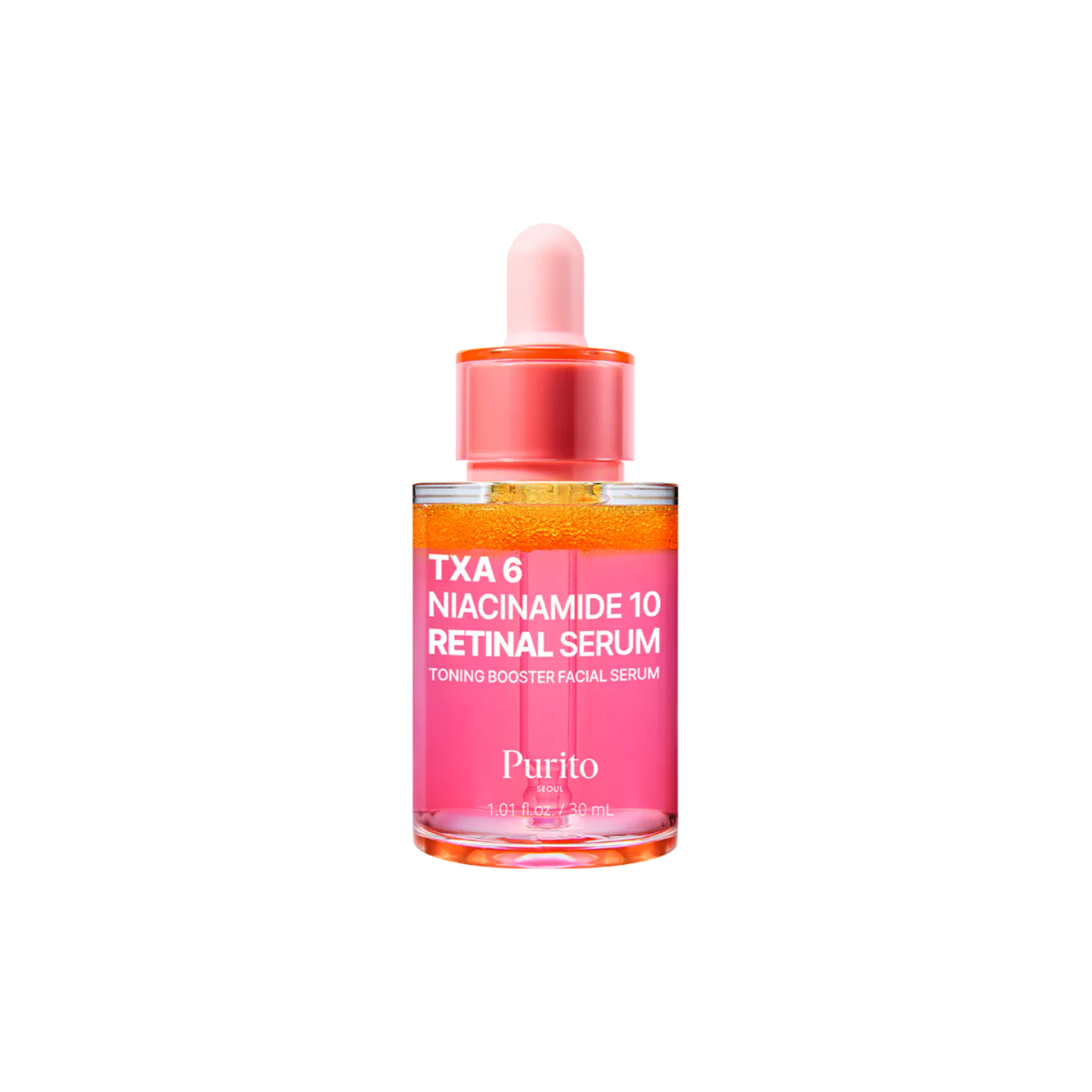 PURITO SEOUL TXA 6 Niacinamide 10 Retinal Serum is a multi-functional brightening and anti-aging serum that helps improve skin tone, texture, and elasticity. Formulated with 10% Niacinamide, Tranexamic Acid, and Retinal, it targets dark spots, uneven tone, and fine lines for a clearer, smoother complexion. Enriched with Centella Asiatica Extract, Ceramide NP, and Glutathione, it soothes, hydrates, and strengthens the skin barrier while promoting a radiant, youthful glow.