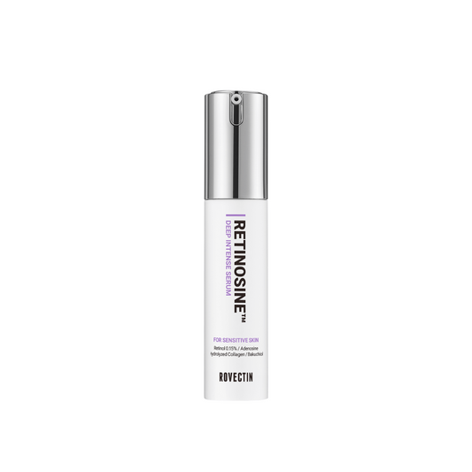 ROVECTIN Retinosine Deep Intense Serum is a concentrated anti-aging serum that helps smooth fine lines, firm the skin, and restore radiance. Formulated with Retinol and Bakuchiol, it supports collagen production and improves elasticity while being gentle on the skin. Enriched with Niacinamide, Hydrolyzed Collagen, and Ceramide NP, it brightens, hydrates, and strengthens the skin barrier. With added Squalane, Macadamia Oil, and Panthenol, this serum nourishes and soothes, leaving skin plump, refined, and you