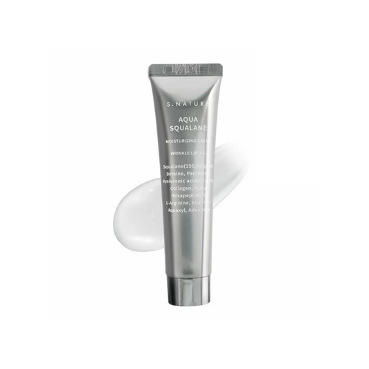 S. NATURE Aqua Squalane Moisturizing Cream is a deeply hydrating formula designed to replenish and protect dry or sensitive skin. Enriched with Squalane, Panthenol, and Hyaluronic Acid Complex, it delivers lasting moisture while strengthening the skin barrier. With added Hydrolyzed Collagen and Acetyl Hexapeptide-8, it also helps improve elasticity and smooth the appearance of fine lines. Ideal for dehydrated, rough, or tired skin in need of a moisture boost.