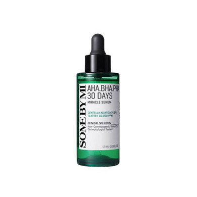 SOME BY MI AHA BHA PHA 30 Days Miracle Serum is a powerful yet gentle formula designed to improve skin texture and clarity. Enriched with Centella Asiatica Extract and Tea Tree Leaf Water, it soothes and calms while delivering hydration. Featuring a blend of AHA, BHA, and PHA, this serum exfoliates, unclogs pores, and refines the skin for a smoother, more radiant complexion. Packed with plant extracts like Chamomile, Lavender, and Basil, it nurtures the skin, making it ideal for achieving balanced and healt