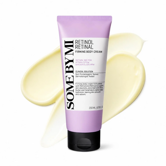 SOME BY MI Retinol Retinal Firming Body Cream is a vegan body moisturizer designed to improve elasticity, smooth uneven texture, and promote firmer-looking skin. Formulated with Retinol, Retinal, and Bakuchiol, it helps reduce the appearance of wrinkles and care for sagging skin, while liposome technology helps enhance the delivery of active ingredients. Shea Butter, Squalane, Ceramide NP, and Hyaluronic Acid provide deep, long-lasting hydration, while Niacinamide and Peptides support smoother, more resilie