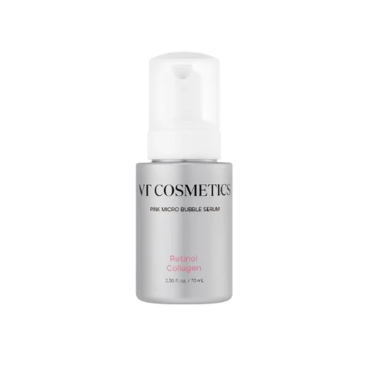 VT Retinol Collagen Pink Micro Bubble Serum is a firming and smoothing serum designed to improve skin elasticity, texture, and the appearance of fine lines. Formulated with Low Molecular Weight Collagen and Hydrolyzed Collagen, it helps hydrate and support a plump, firmer-looking complexion. Retinol promotes smoother, more refined skin, while Niacinamide helps brighten and improve uneven tone. The formula also contains Adenosine, Panthenol, and Peptides, including Copper Tripeptide-1, to support elasticity 