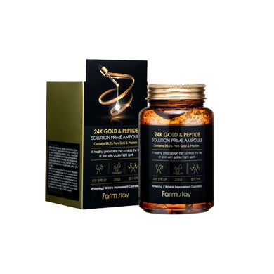 FARM STAY 24k Gold & Peptide Solution Prime Ampoule is a luxurious ampoule enriched with real 24k Gold and potent peptides to rejuvenate and enhance the skin's natural radiance. This powerful formula includes Niacinamide to brighten the complexion and Sodium Hyaluronate for deep hydration. The blend also features natural extracts like Royal Jelly, Honey, and Yuzu, providing antioxidants and additional nourishing benefits. Ideal for daily use, this ampoule helps to smooth fine lines, firm the skin, and resto