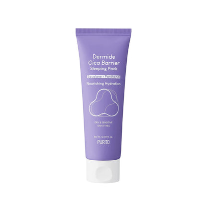 PURITO Dermide Cica Barrier Sleeping Pack is an overnight treatment designed to repair and strengthen the skin barrier while you sleep. Formulated with soothing Centella Asiatica Extract and hydrating ingredients like Squalane, Jojoba Oil, and Ceramides, it provides deep moisture and promotes skin recovery. Enriched with Panthenol and Hyaluronic Acid, this sleeping pack locks in hydration, leaving your skin soft, smooth, and revitalized by morning. Perfect for sensitive or dry skin, it helps restore balance