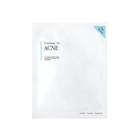 PYUNKANG YUL Acne Dressing Mask Pack is a targeted sheet mask designed to combat acne and soothe irritated skin. Formulated with Willow Bark Extract, Forsythia Suspensa Fruit Extract, and Sodium Hyaluronate, it helps reduce inflammation, control excess oil, and hydrate the skin. It is perfect for calming breakouts and promoting a clear, healthy complexion. The mask pack contains 4 square sheets, which allows you to target specific areas on your face that are prone to&nbsp;or currently have acne.&nbsp;